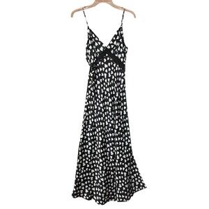 From Future Maxi Slip Dress FR 34 US 2 XS Black White Hearts Silk Satin w/ Lace
